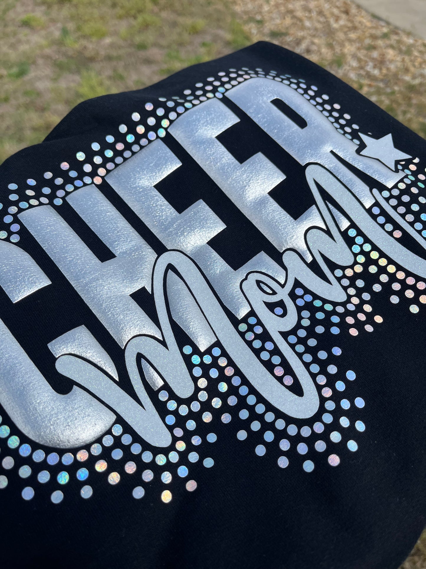 CHEER MOM FAUX STONE GLITTER METALLIC PUFF