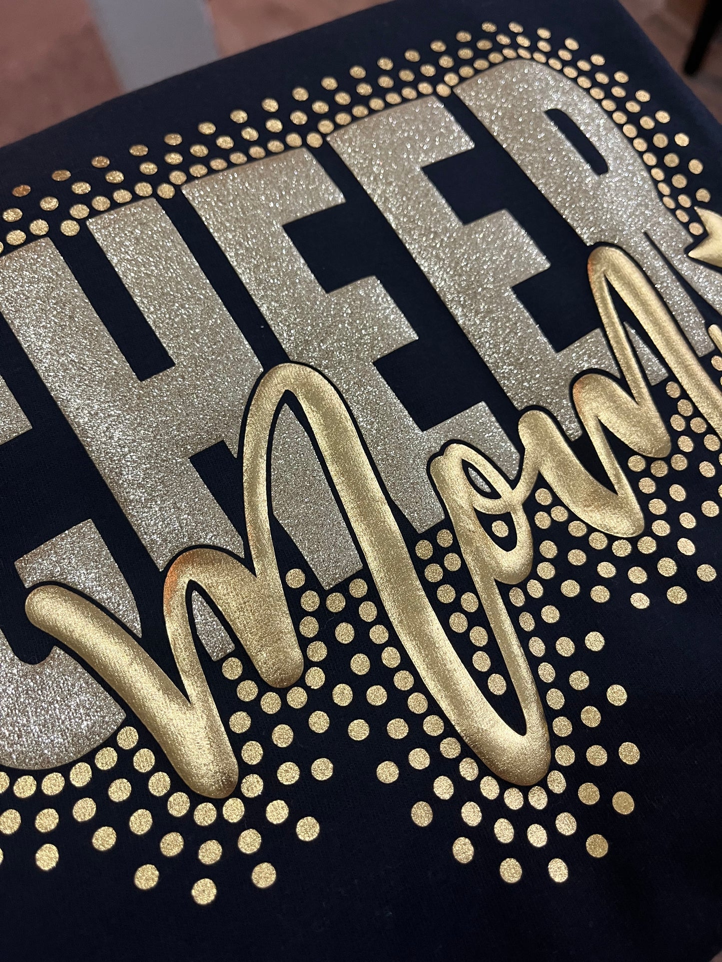 CHEER MOM FAUX STONE GLITTER METALLIC PUFF