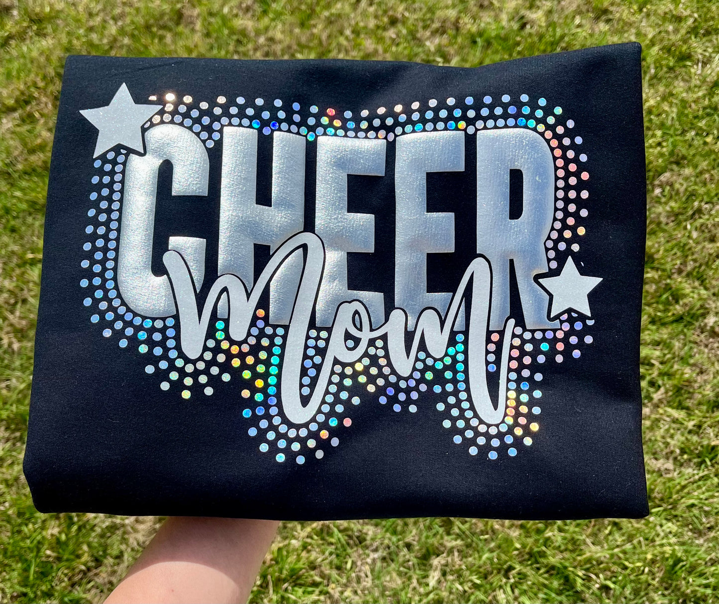 CHEER MOM FAUX STONE GLITTER METALLIC PUFF