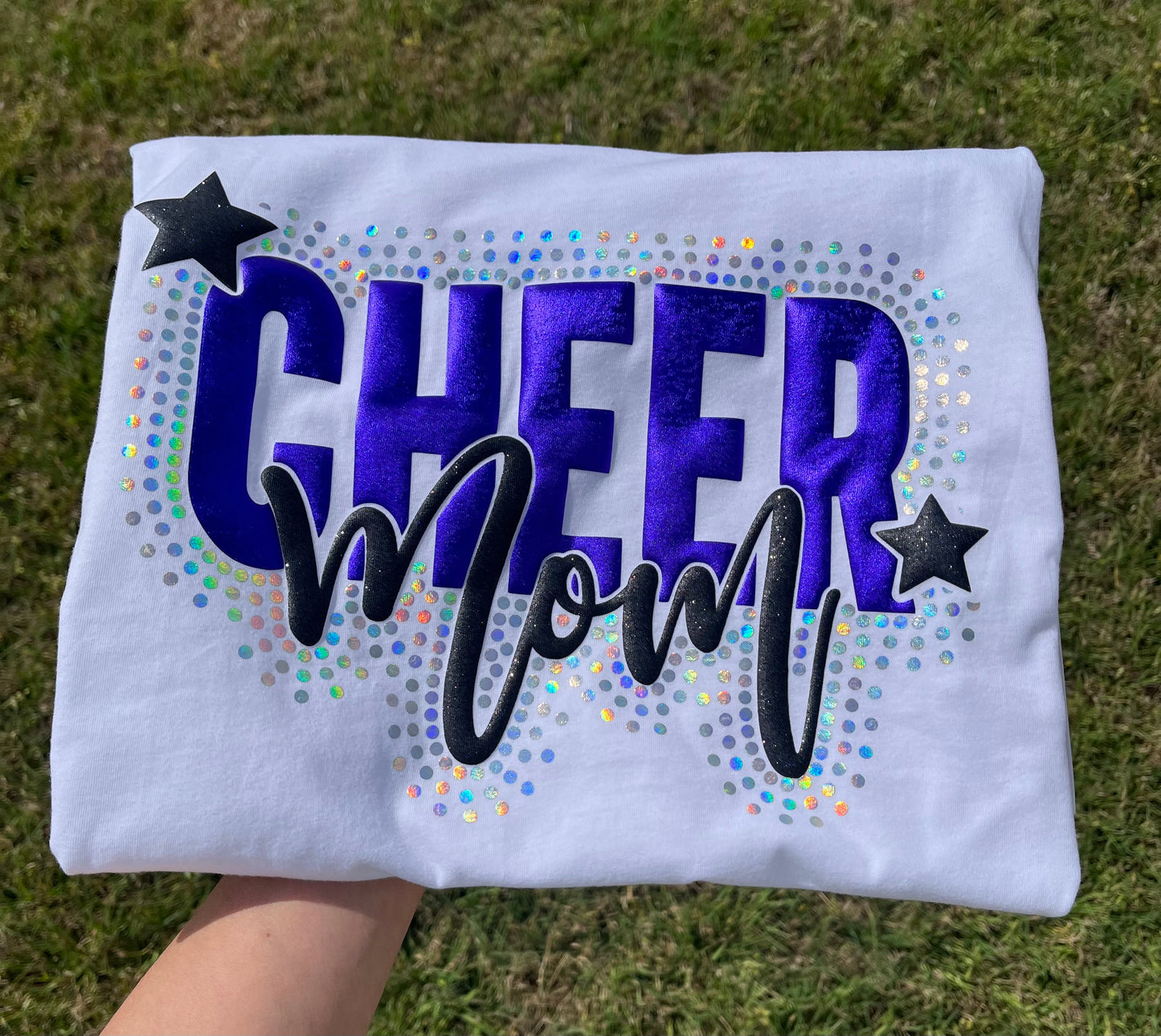 CHEER MOM FAUX STONE GLITTER METALLIC PUFF