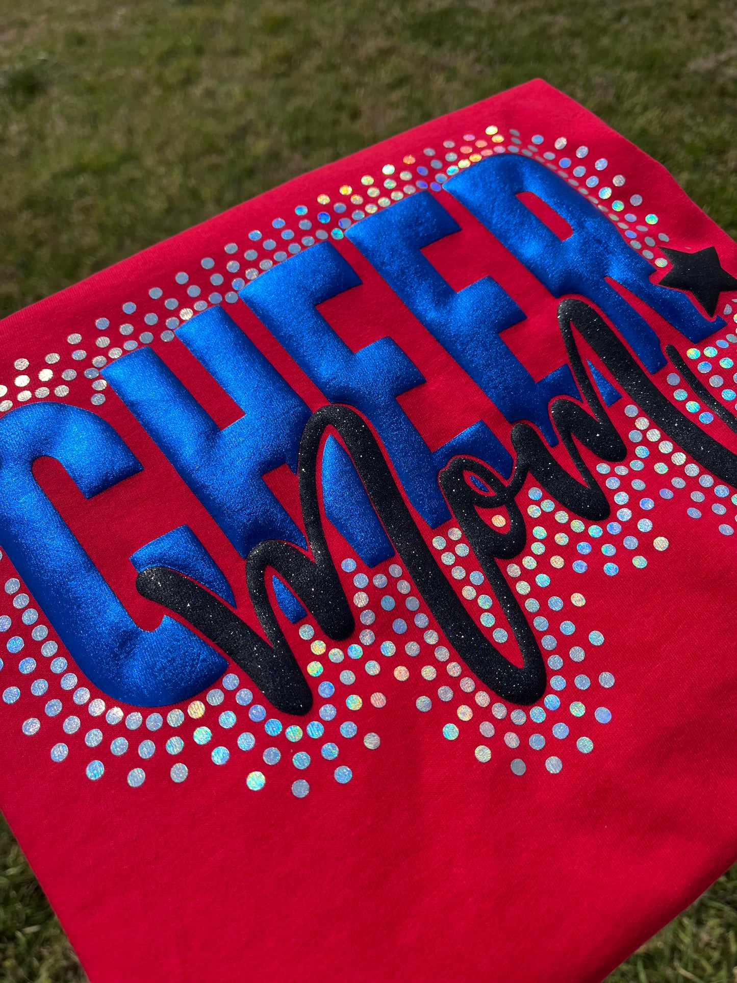 CHEER MOM FAUX STONE GLITTER METALLIC PUFF