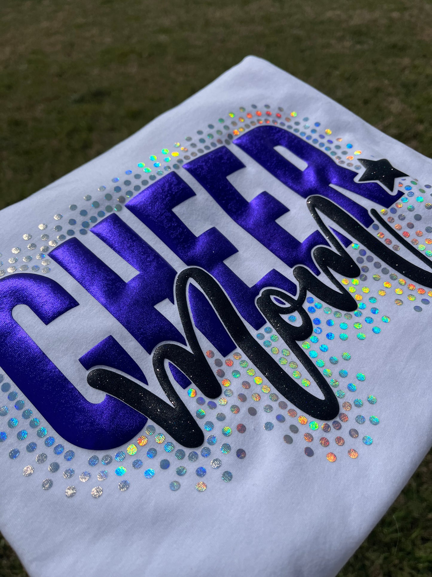 CHEER MOM FAUX STONE GLITTER METALLIC PUFF