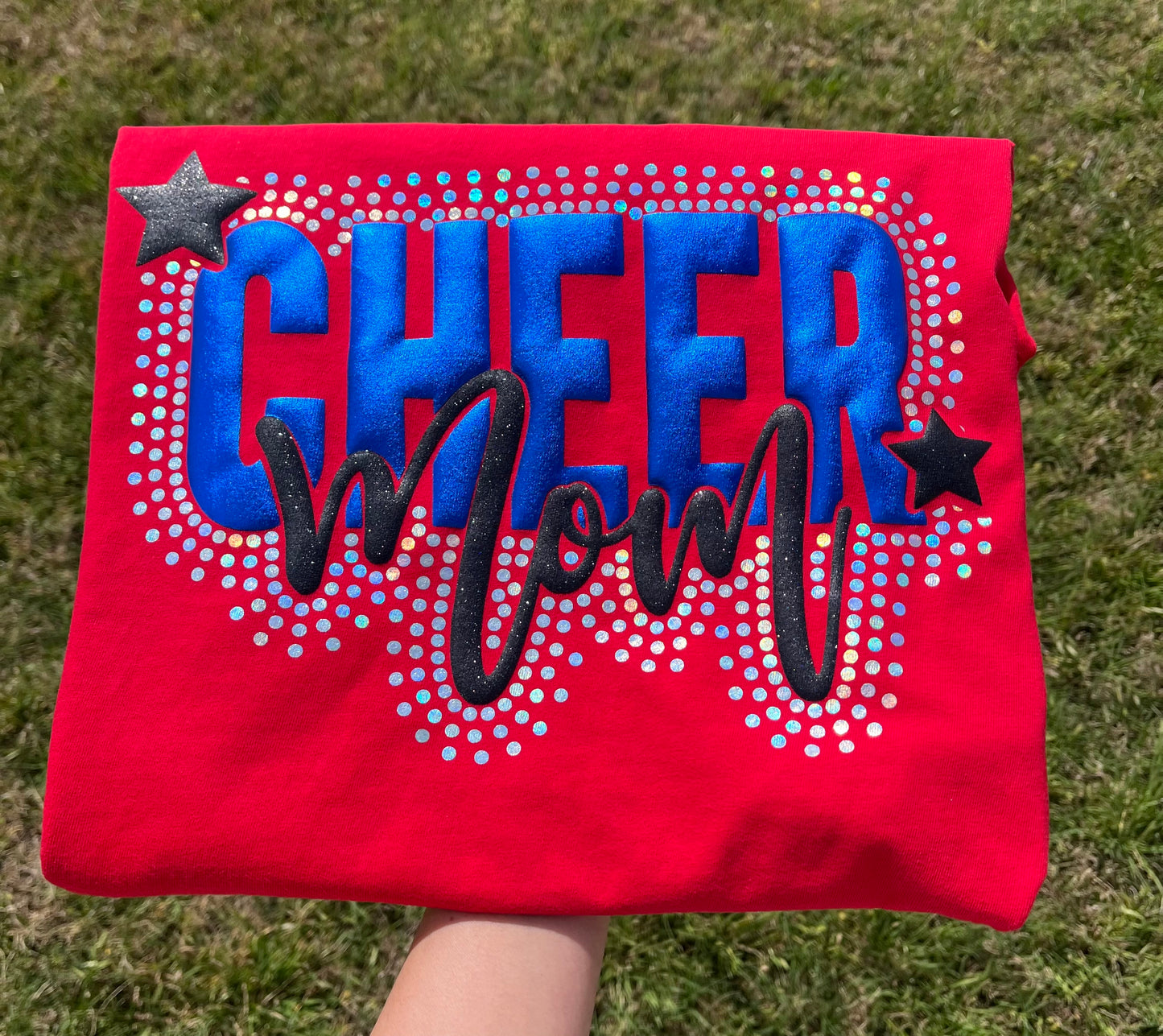 CHEER MOM FAUX STONE GLITTER METALLIC PUFF