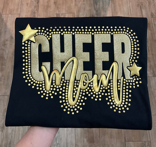 CHEER MOM FAUX STONE GLITTER METALLIC PUFF
